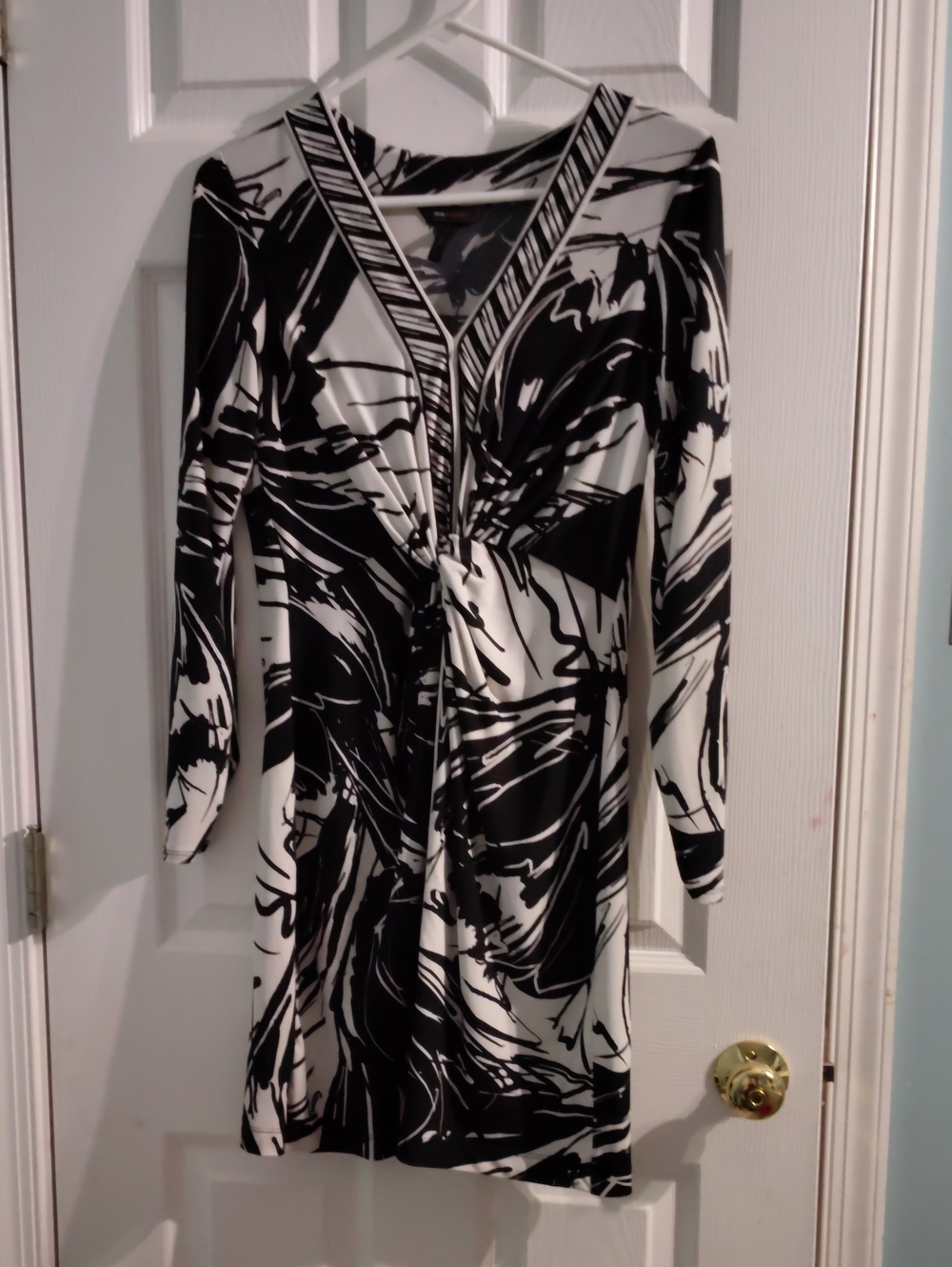 BCBGMaxAzria Black and White Knot-Front V-Neck Dress